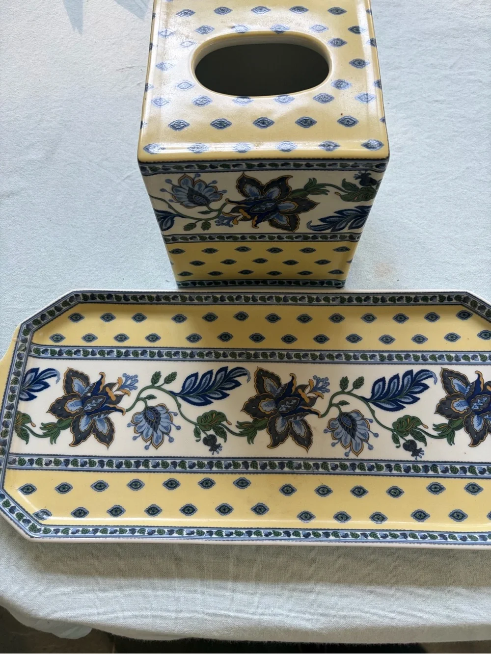 Yellow and Blue Floral Ceramic Bath Tissue Box Cover and Tray Set